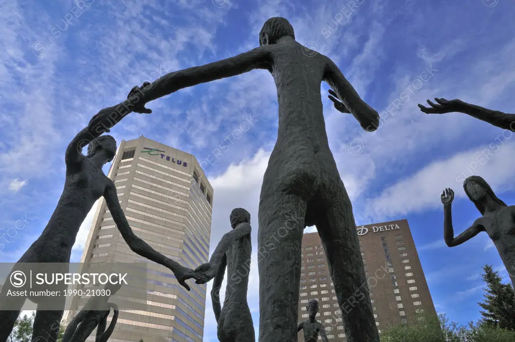 The Family of Man statues, the Calgary Board of Education building, downtown Calgary, Alberta, Canada
