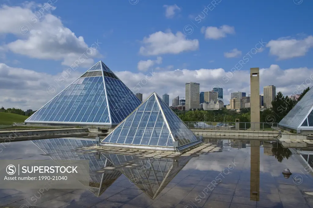 Edmonton skyline and Muttart Conservatory pyramids, a Botanical Garden in Edmonton, Alberta, Canada