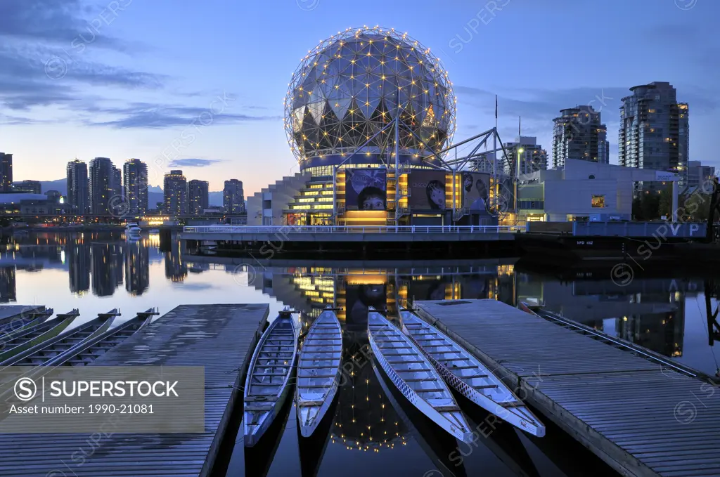 Science World, dragon boats, False Creek, Vancouver, British Columbia, Canada