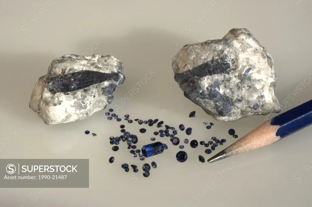Illustration of Raw Sapphire and polished sapphire gems from Baffin Island, Canada.