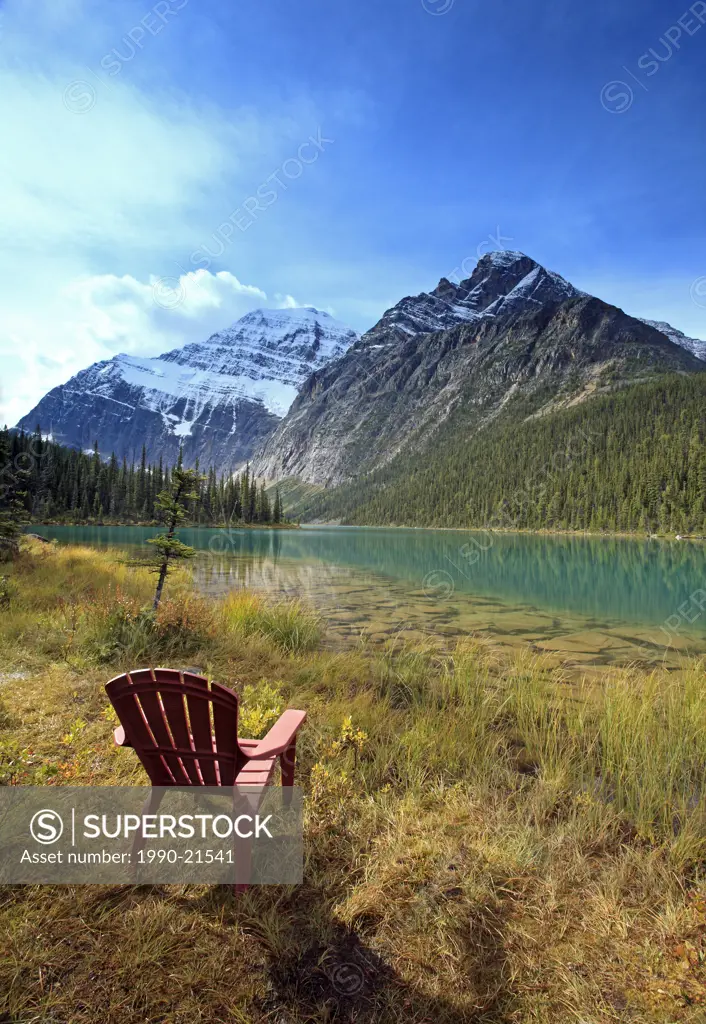 Deck chair overlooking Lake Cavell and Mount Edith Cavell.