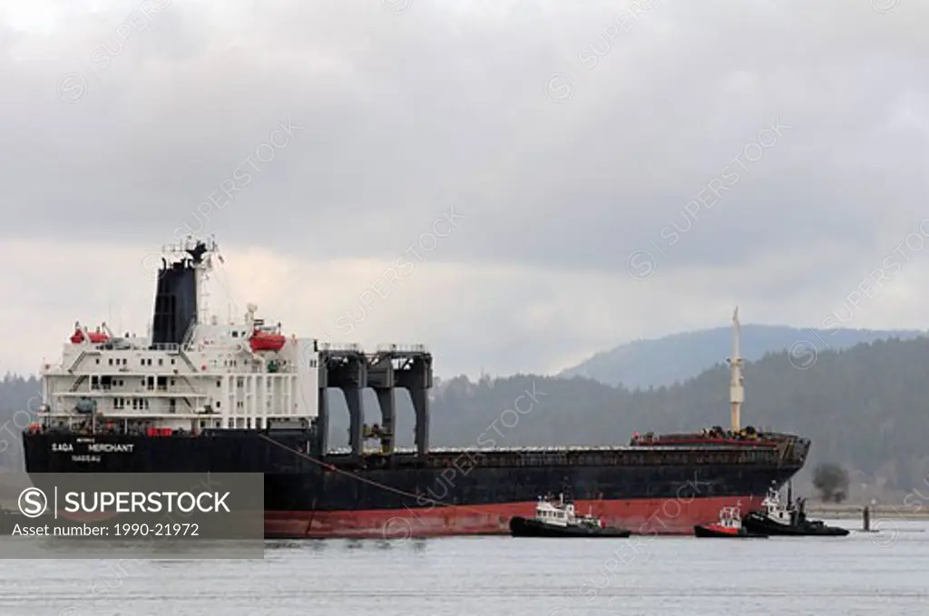 Tugs assist freighter into dock in Cowichan Bay, BC.