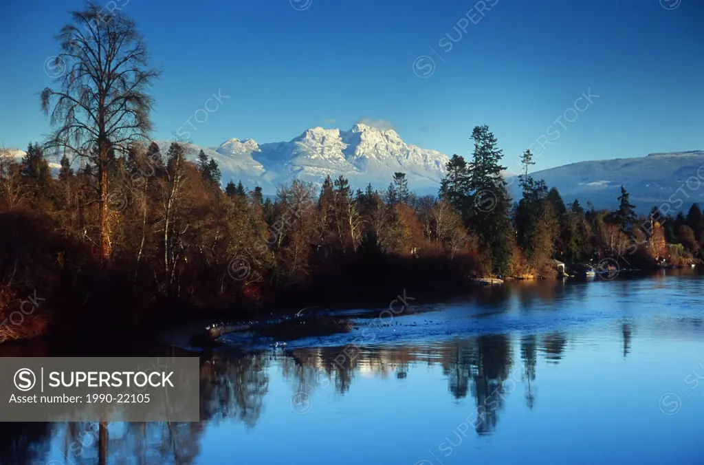 Mount Arrowsmith with snow, over Somass/Stamp River, Port Alberni, Vancouver Island, British Columbia, Canada