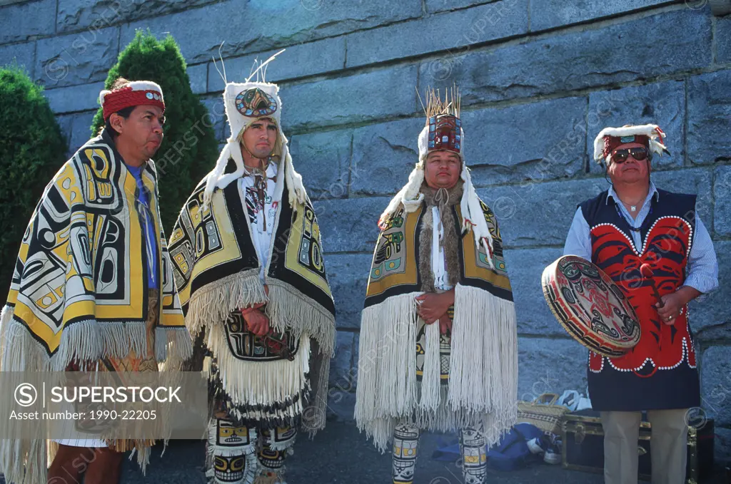 First Nations dancers at Inner Harbour causeway, Victoria, Vancouver Island, British Columbia, Canada