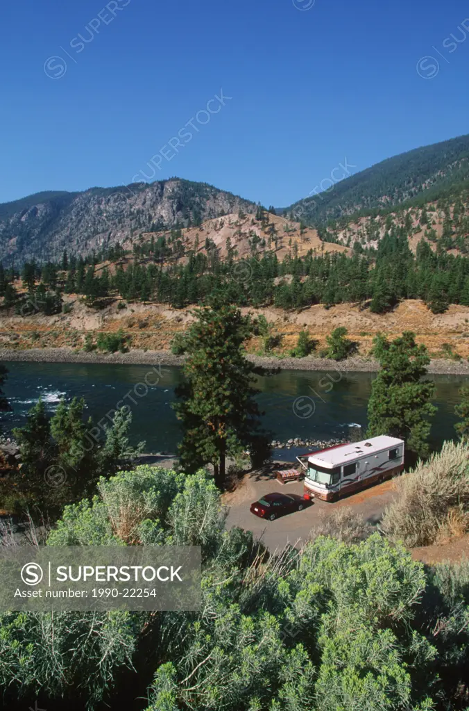 Thompson River campsite - ´Gold Pan´ provincial park with RV in site, British Columbia, Canada