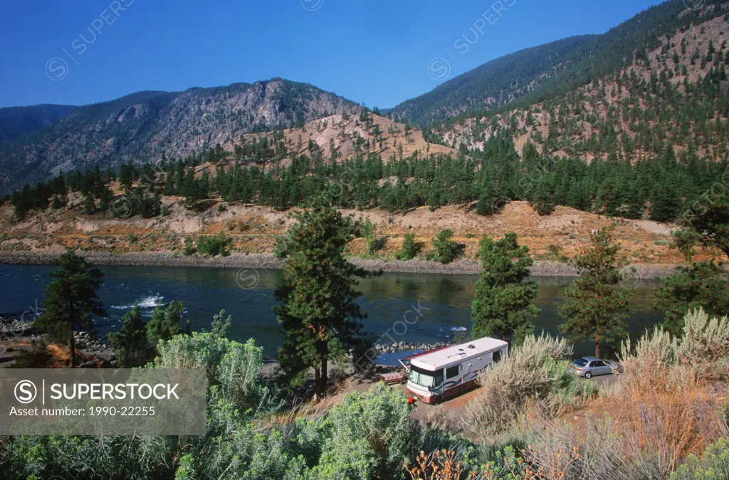 Thompson River campsite - ´Gold Pan´ provincial park with RV in site, British Columbia, Canada
