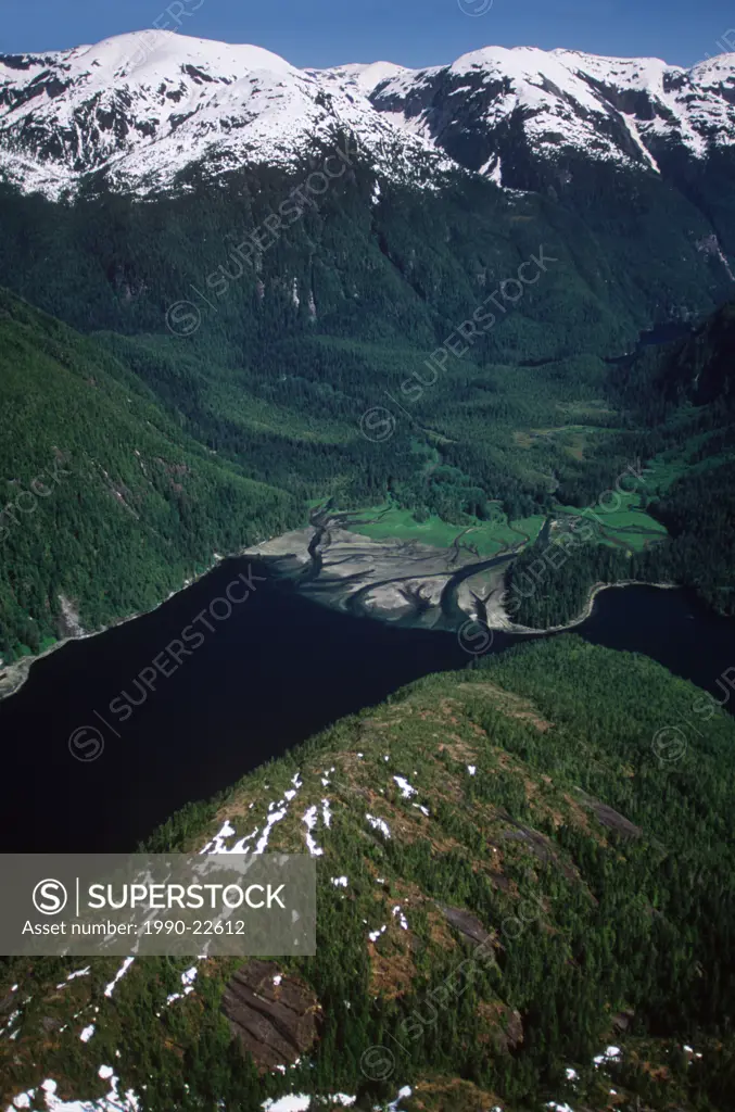 Aerial of Fiordland Provincial Recreational Area, Central Coast along Inside Passage, British Columbia, Canada