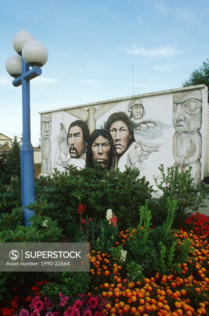 signature mural of Salish Culture in Chemainus town of murals, Vancouver Island, British Columbia, Canada