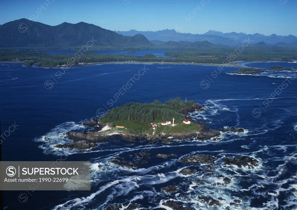 Aerial view of Lennard Island Light station, Pacific Rim National Park, Vancouver Island, British Columbia, Canada