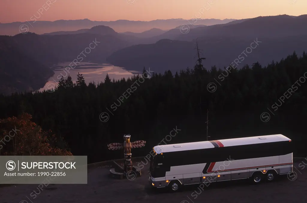 view of Finlayson Arm from top of Malahat Drive, tour bus in foreground, Vancouver Island, British Columbia, Canada