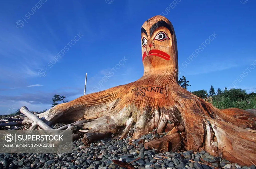 carving on beach which prompted the driftwood carving festival, Campbell River, Vancouver Island, British Columbia, Canada