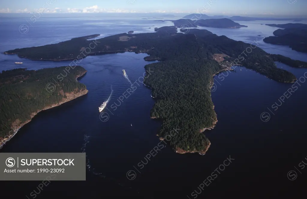 Gulf Islands, Active Pass aerial between Galiano and Mayne Island with BC Ferries, British Columbia, Canada