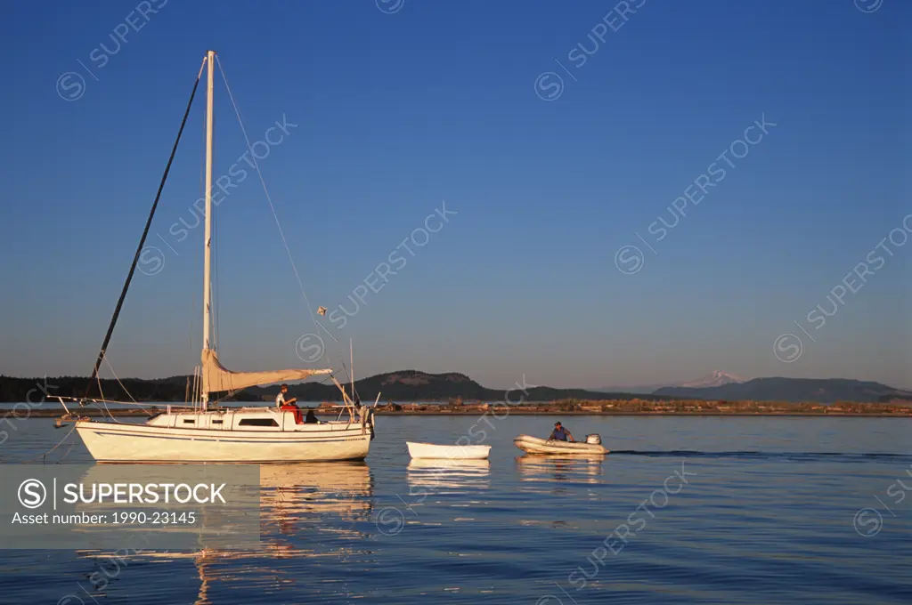 Sidney Spit , Gulf Islands National Park, boats in anchorage, British Columbia, Canada