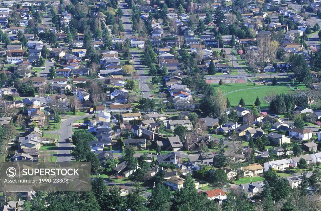 view of houses from Mt Douglas, Victoria, Vancouver Island, British Columbia, Canada