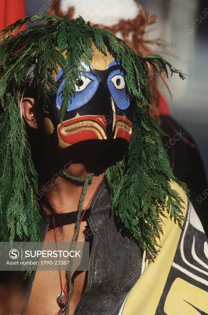 First Nations culture  Nisgaa in ceremonial regalia with head dress, British Columbia, Canada