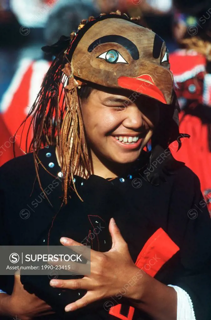 First Nations culture  Nisgaa in ceremonial regalia with head dress, British Columbia, Canada