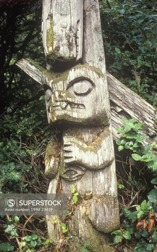 First Nations culture, Nuu-chah-nulth pole in abondoned village : Checleset Islands, British Columbia, Canada