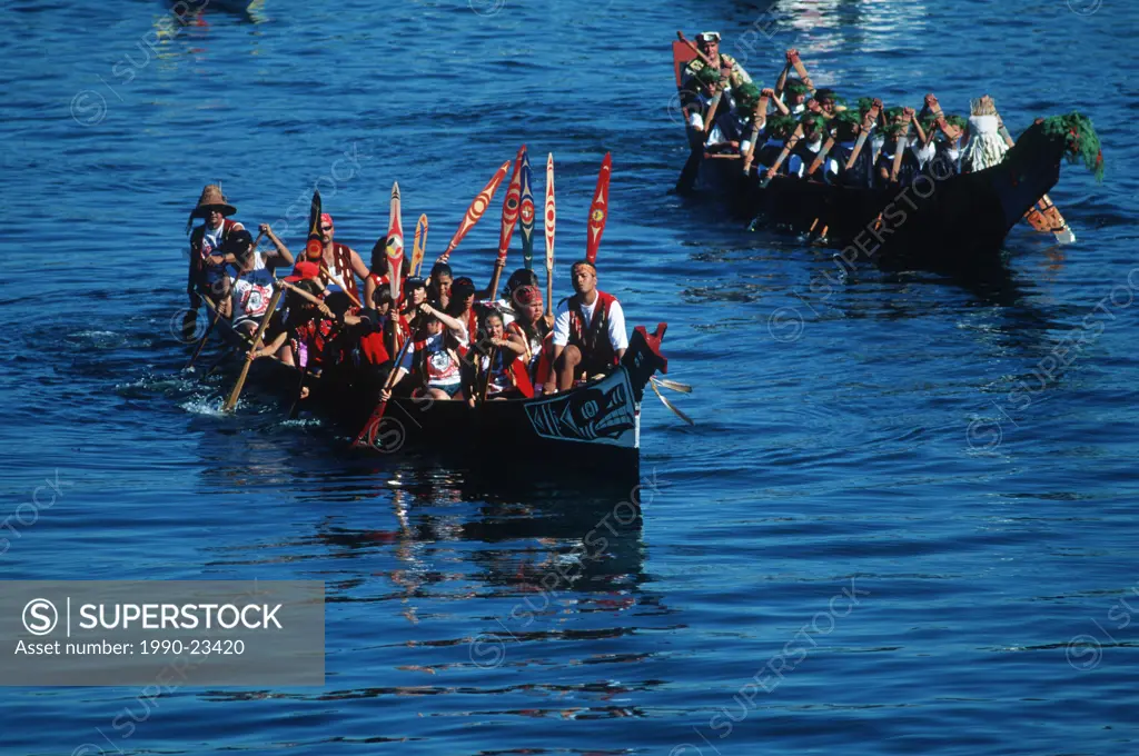 First Nations culture, sea going canoes in the inner harbour, Victoria, Vancouver Island, British Columbia, Canada