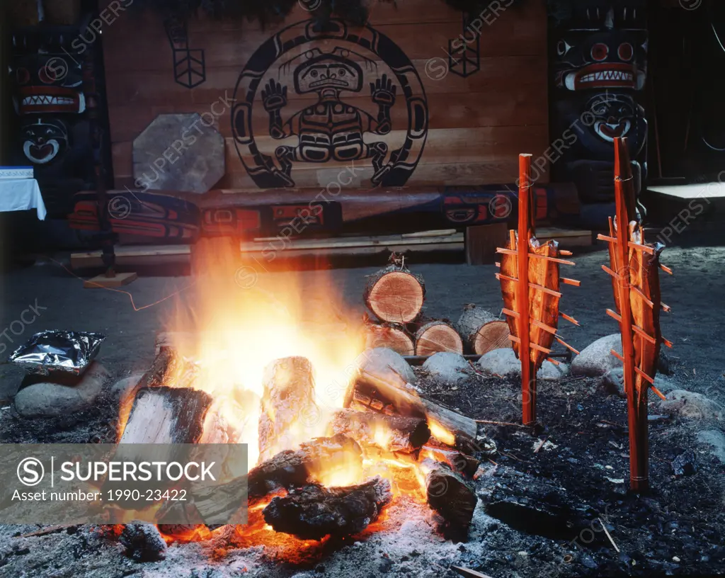 First Nations culture, Mungo Martin House, open fire with salmon on cedar stakes, British Columbia, Canada