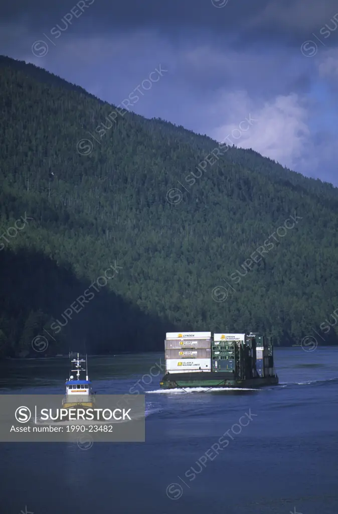 tugboat hauling barge, Central Coast along Inside Passage, British Columbia, Canada