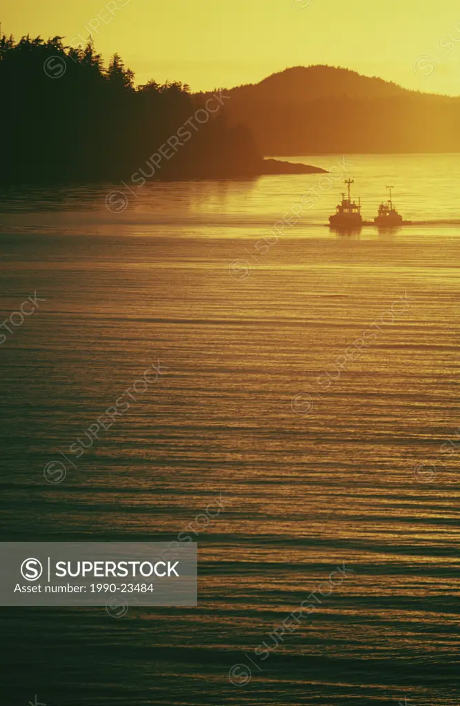 2 tugboats at sunset, Central Coast along Inside Passage, British Columbia, Canada