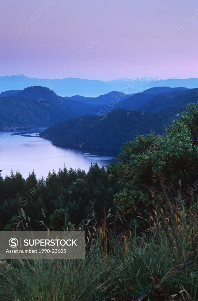 view down Finlayson Channel from Malahat viewpoint at dusk, Victoria, Vancouver Island, British Columbia, Canada