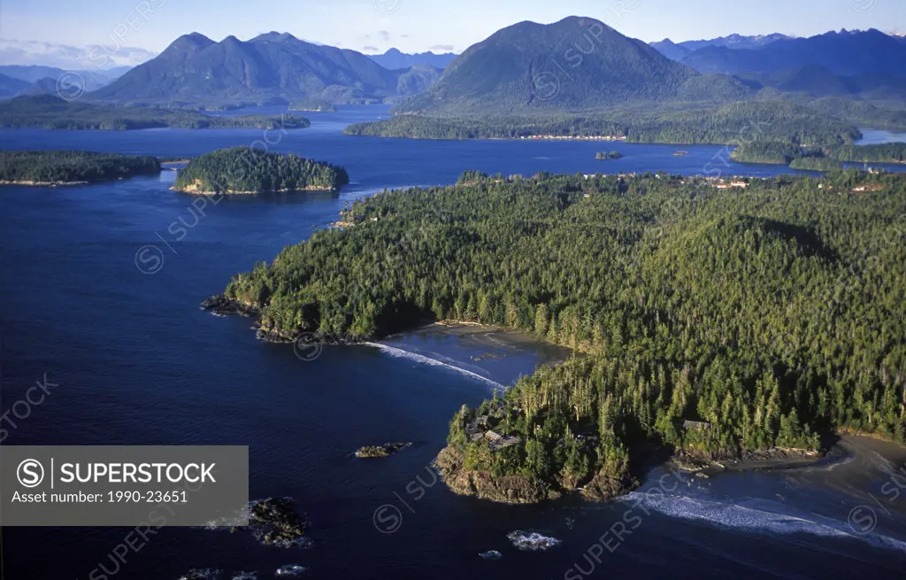 Aerial view, including Clayoquot Sound, Middle Beach Lodge, Tofino, Vancouver Island, British Columbia, Canada