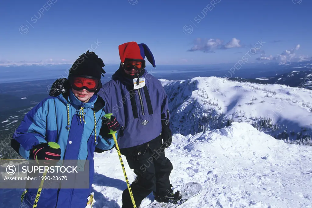 Mount Washington ski resort  Boys at Georgia Strait overlook, Vancouver Island, British Columbia, Canada