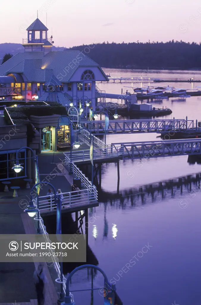 Nanaimo Harbour with walkway and docks at twilight, Vancouver Island, British Columbia, Canada