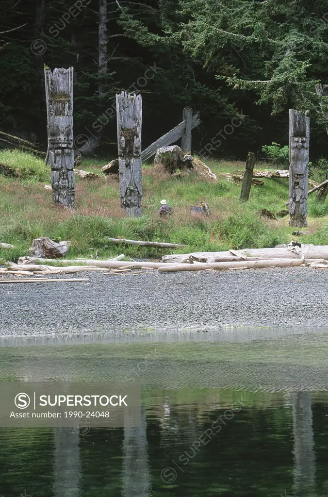 Haida Gwaii, Ninstints Village Nad Sdins, Anthony Island SGaang Gwaay, weathered mortuary totem poles, British Columbia, Canada