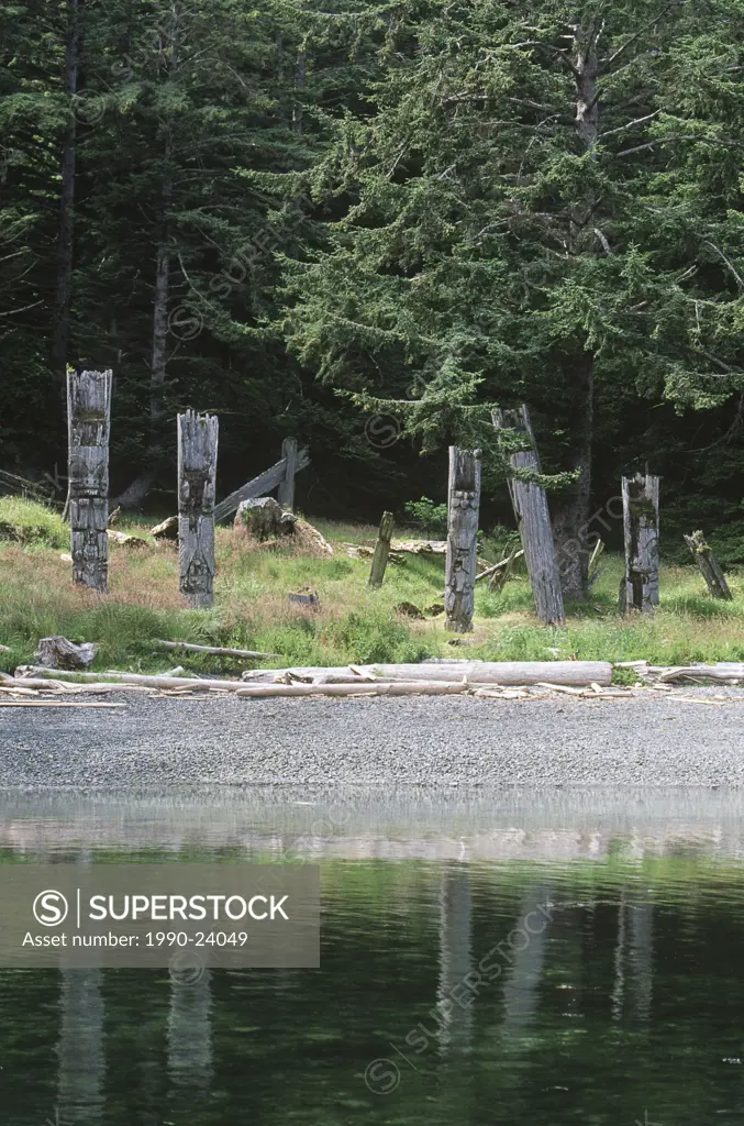 Haida Gwaii, Ninstints Village Nad Sdins, Anthony Island SGaang Gwaay, weathered mortuary totem poles, British Columbia, Canada