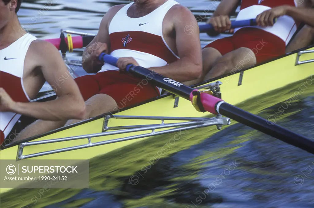 Rowers on lake  Elk Lake, Victoria , Canada Junior Men´s fours team, Vancouver Island, British Columbia, Canada