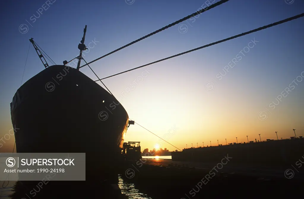 Vancouver harbour, freighter at dockside on north shore, British Columbia, Canada