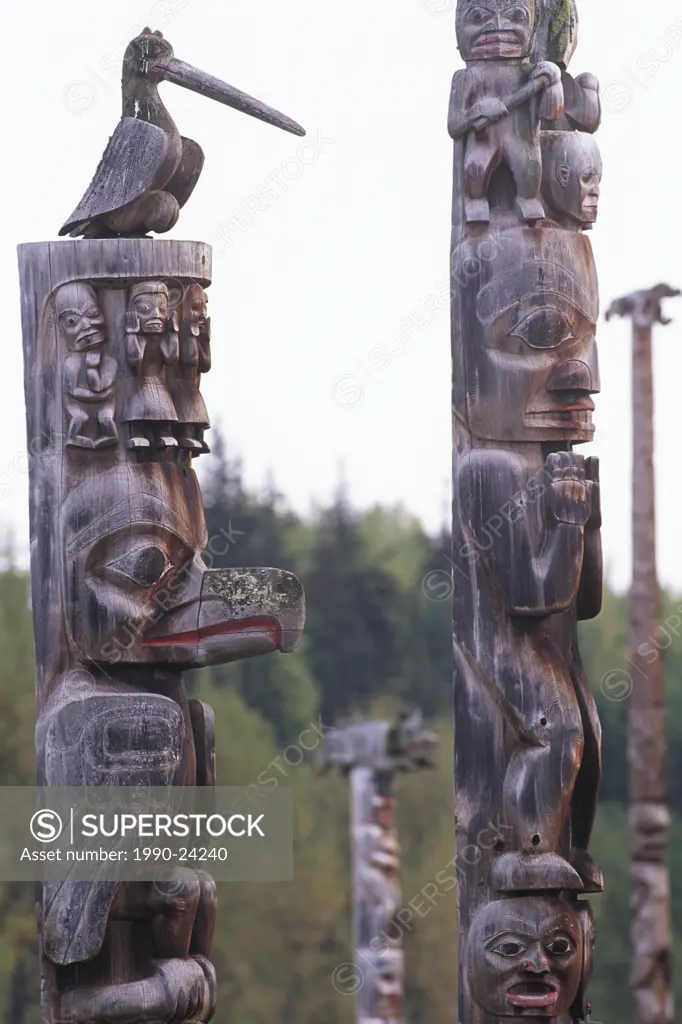 Skeena River area, Kitwancool Gitanyow , Gitxsan totem poles, British Columbia, Canada