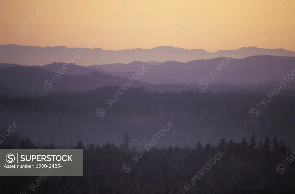 Layered hills at dusk from Dom Astrophysical Observatory, Sooke Hills, Victoria, Vancouver Island, British Columbia, Canada