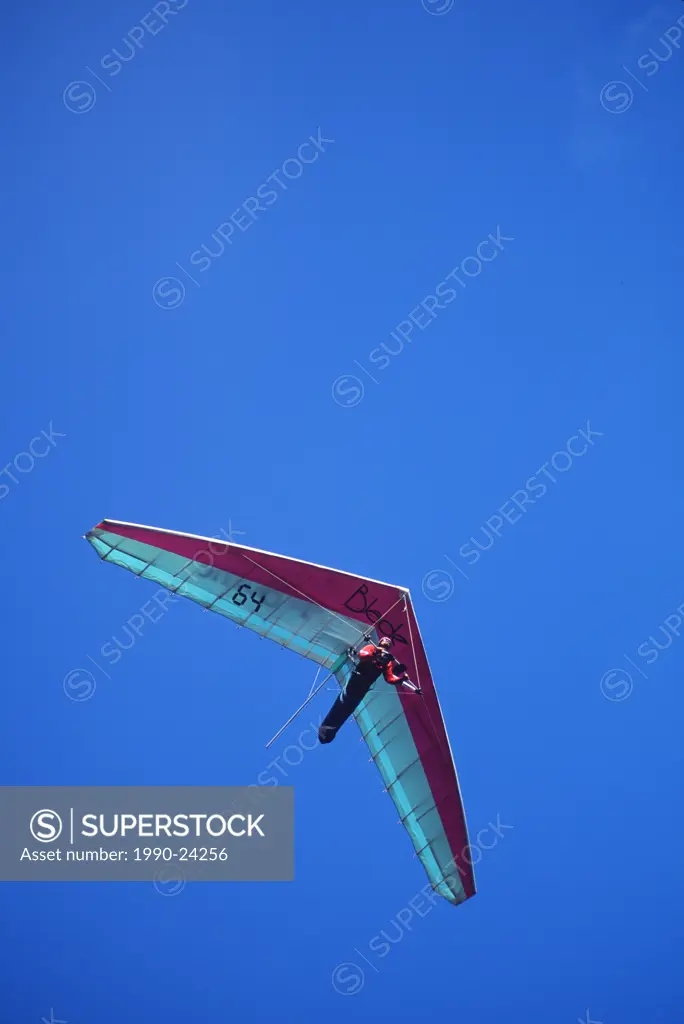 Hang glider in flight on blue sky, British Columbia, Canada
