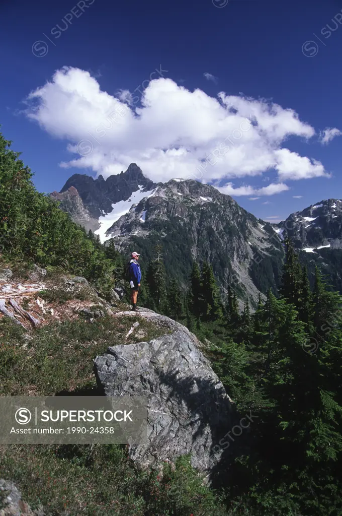 Strathcona Provincial Park, Mt Septimus with hiker, Vancouver Island, British Columbia, Canada