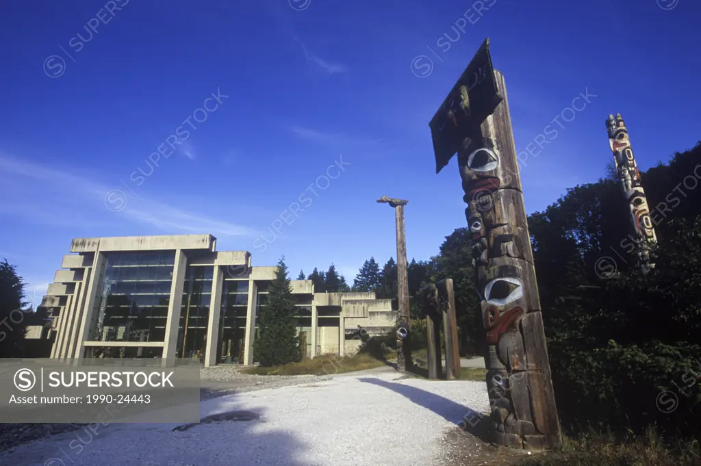 Totem poles on the grounds of the University of British Columbia Museum of Anthropology, British Columbia, Canada