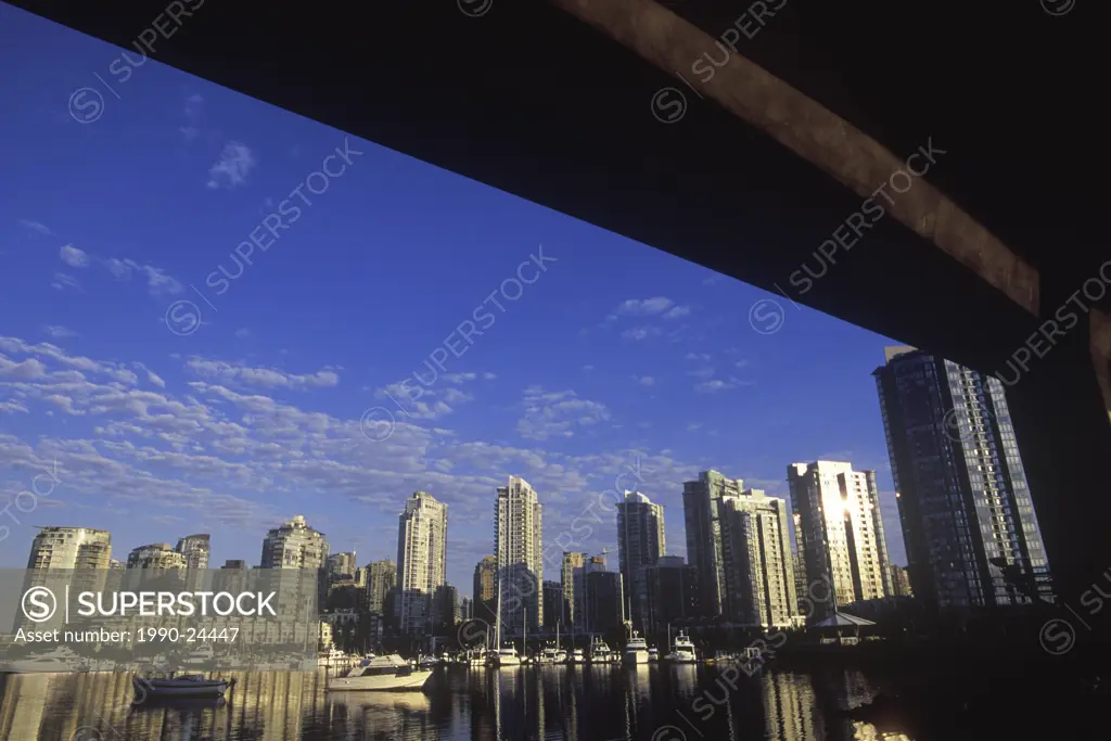 View under Cambie Bridge to Concord Pacific condominiums, Vancouver, British Columbia, Canada