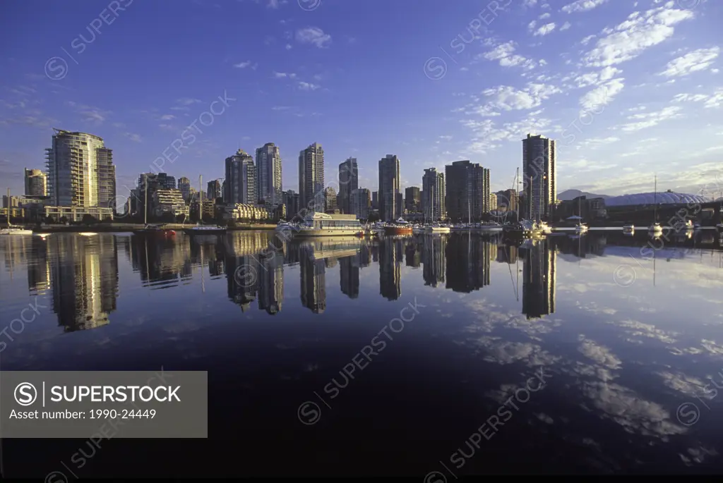 Morning view across False Creek to downtown condominiums, Vancouver, British Columbia, Canada