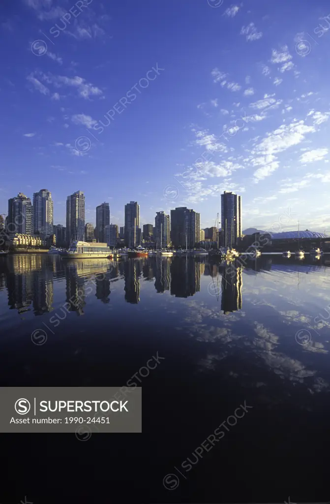 Morning view across False Creek to downtown condominiums, Vancouver, British Columbia, Canada