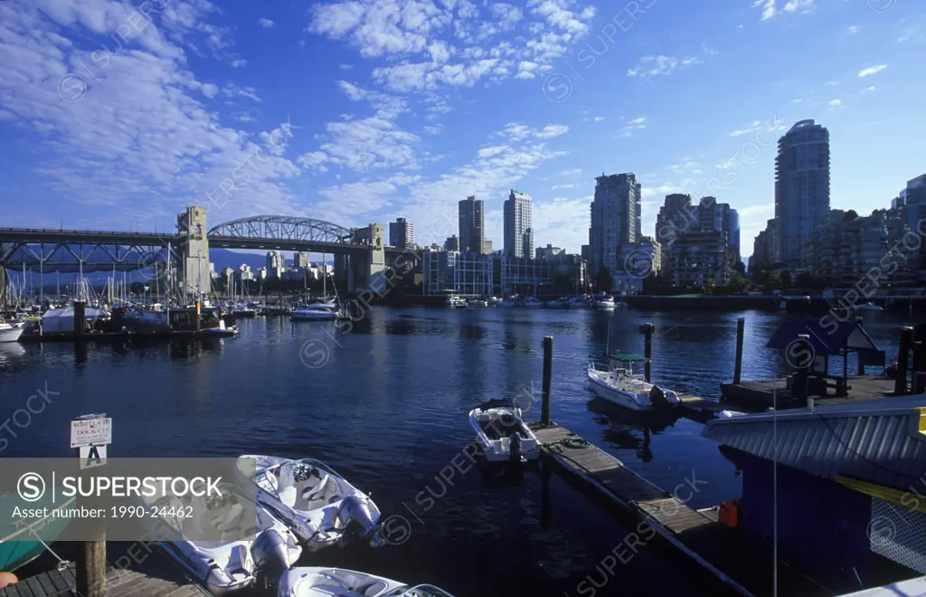 False creek with rental boats, Burrard Bridge in distance, Vancouver, British Columbia, Canada