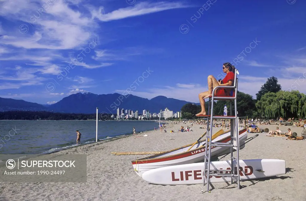 Lifeguard on duty on Kitsilano Beach, English Bay, Vancouver, British Columbia, Canada