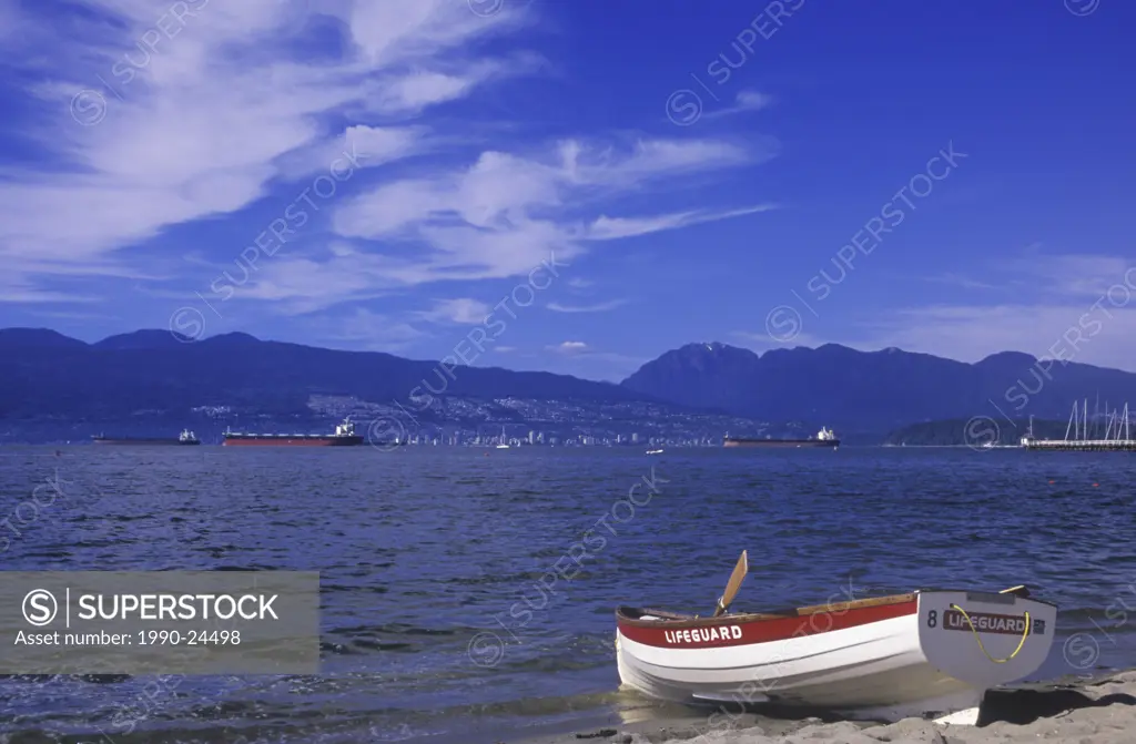 Lifeguard boat on Kitsilano Beach, English Bay, Vancouver, British Columbia, Canada
