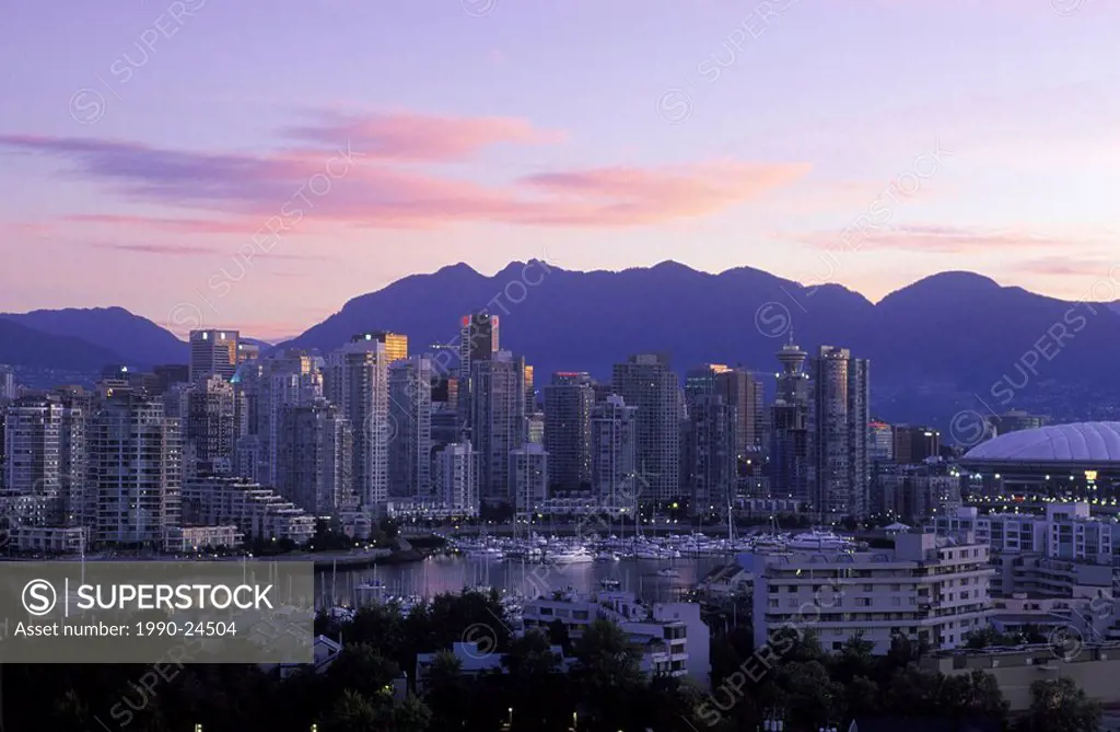 View to west across False Creek to downtown with BC Place at daybreak, Vancouver, British Columbia, Canada