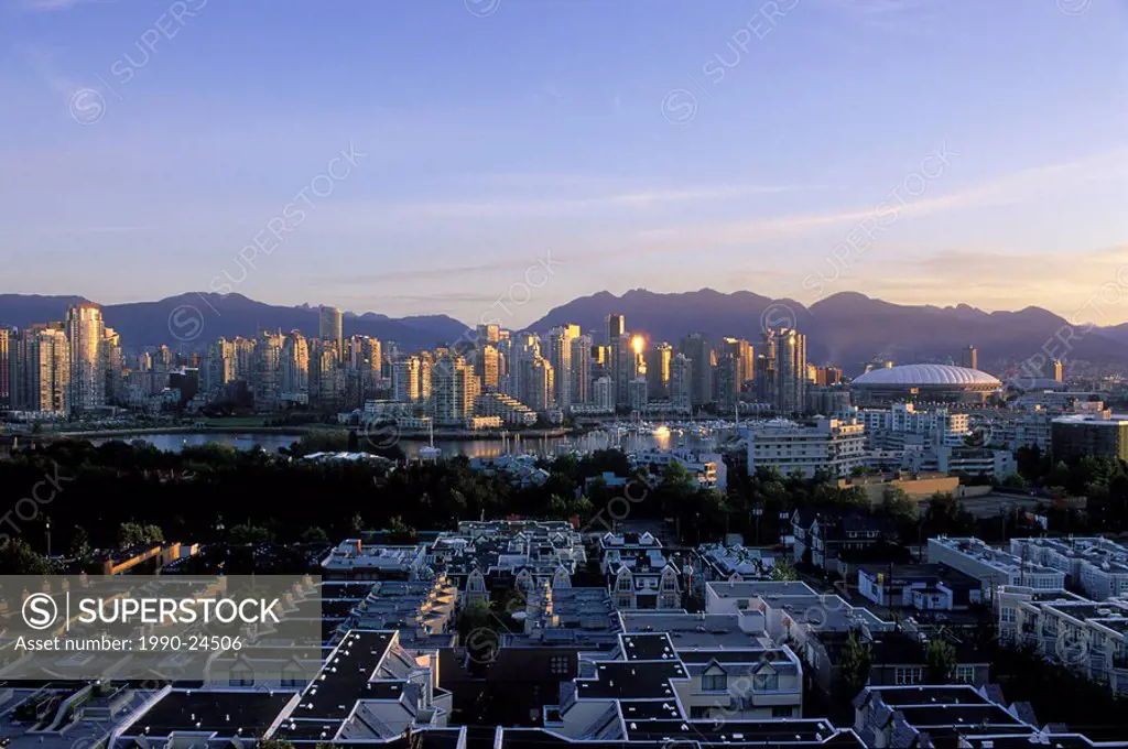 View to west across False Creek to downtown with BC Place at daybreak, Vancouver, British Columbia, Canada