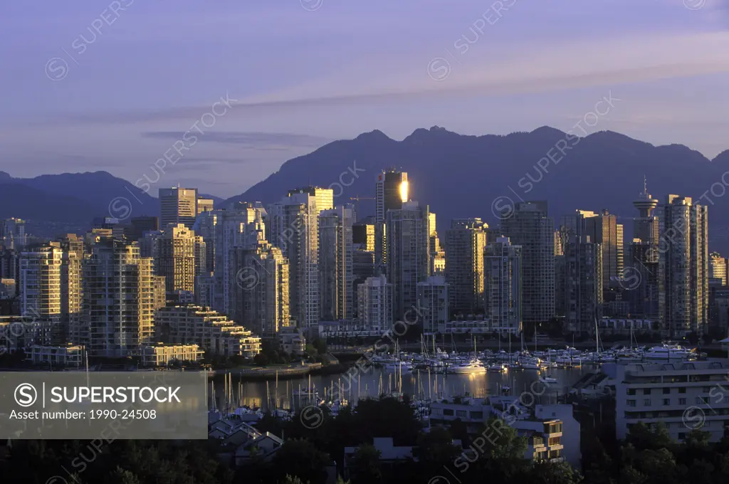 View to west across False Creek to downtown at daybreak, Vancouver, British Columbia, Canada