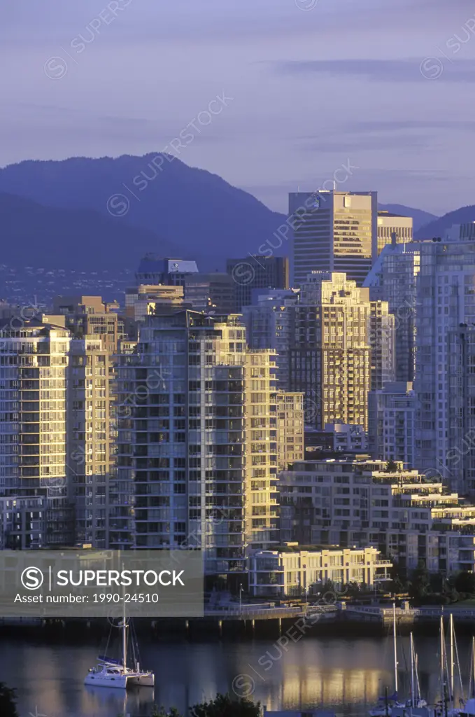 View to west across False Creek to downtown at daybreak, Vancouver, British Columbia, Canada