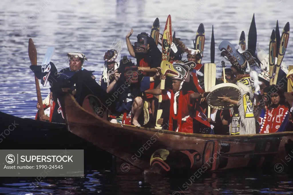 First nations of British Columbia paddlers in traditional cedar dugout canoes, Vancouver, British Columbia, Canada
