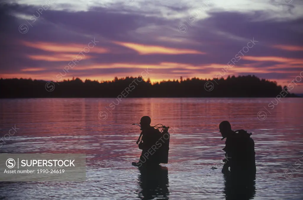 Madrona Point scuba divers emerge at dusk, Craig Bay, Parksville area, Vancouver Island, British Columbia, Canada